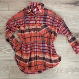 FP Movement by Free People Plaid Button Down Shirt - Red and Orange XS